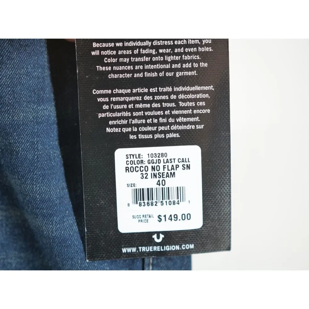 True Religion Rocco‎ No Flap Relaxed Skinny Jeans 40 Stretch $149 GGJD LAST CALL